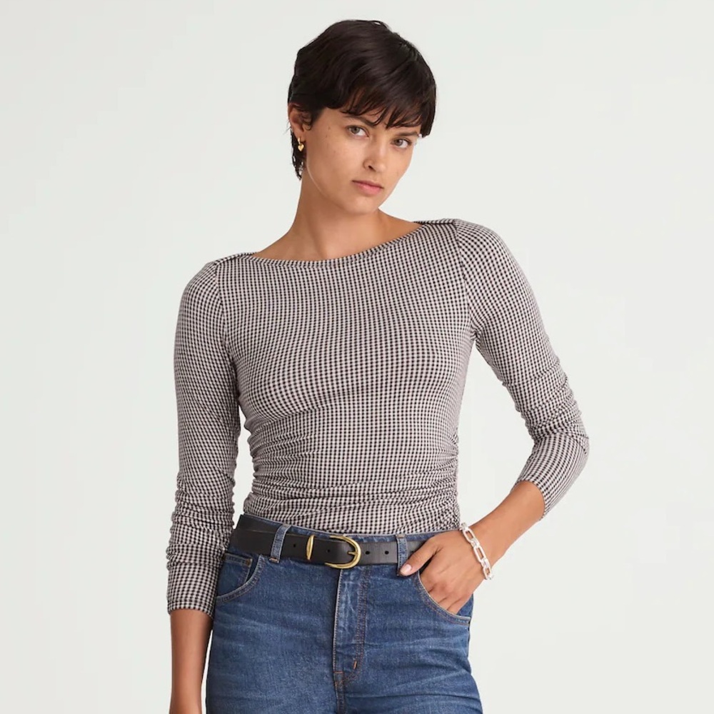 NWT Madewell Women's Ruched Crewneck Long-Sleeve Black and White Houndstooth Top - Picture 11 of 13